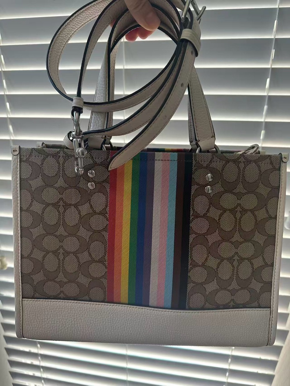 COACH Dempsey 29 Signature Canvas Tote with Rainbow Stripe and Cream Trim - Picture 2 of 4